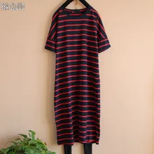 82, летняя одежда больших размеров Свободная футболка с коротким рукавом полосатые хлопковые большие Супер Длинные повседневные большие рубашки