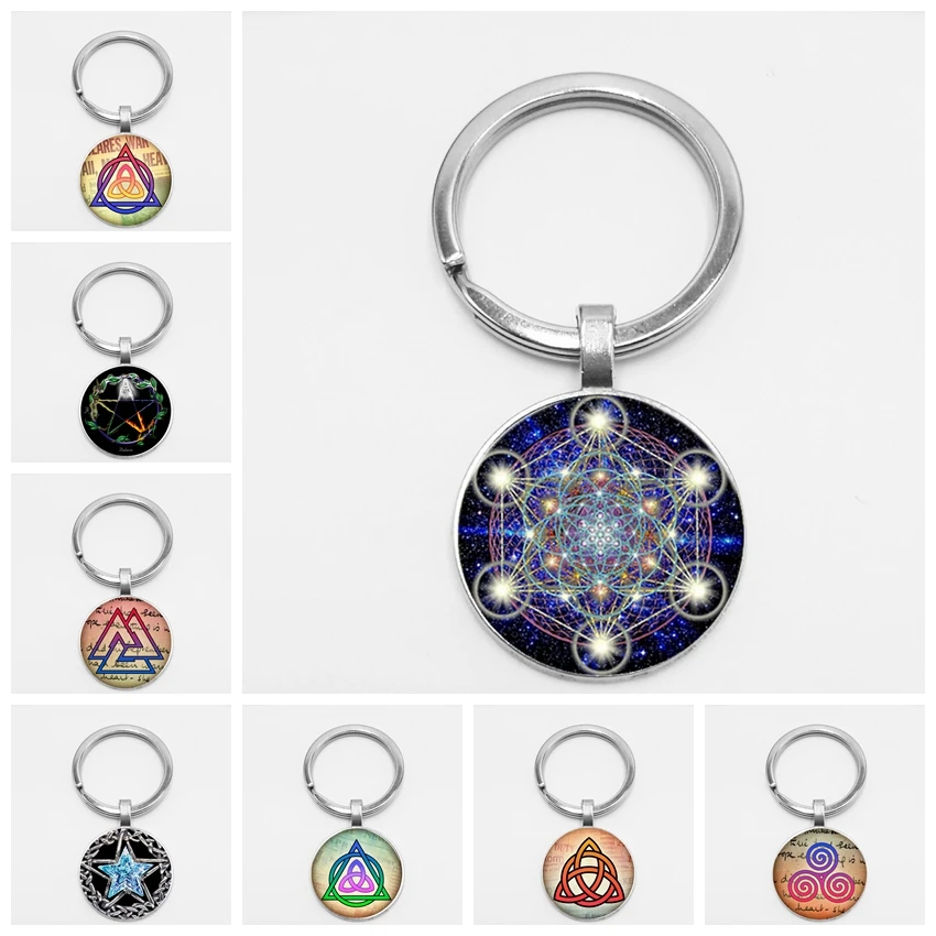 

Handmade Creative Chaveiro Boho Sacred Geometry Virus Logo Five-pointed Star Fashion Glass Jewel Key Chain Round Ornaments
