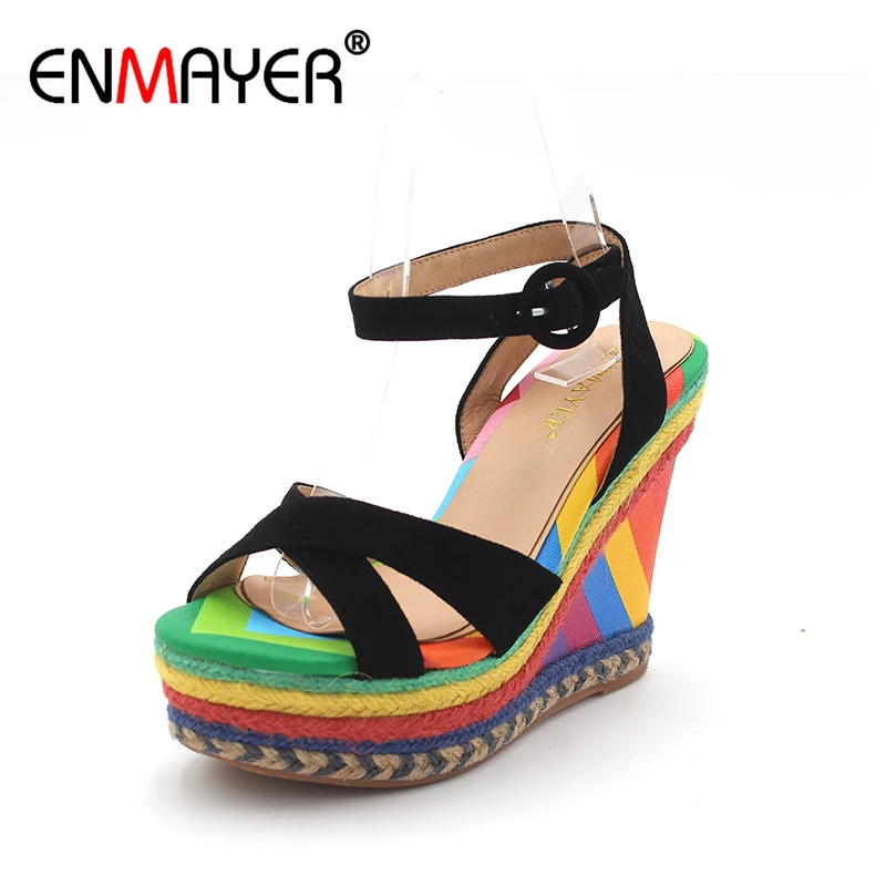 

ENMAYER National Style Mixed Colors Women's Wedges Heels Platform Sandals Female Black 12cm Weave Extra High Heels Shoes Woman