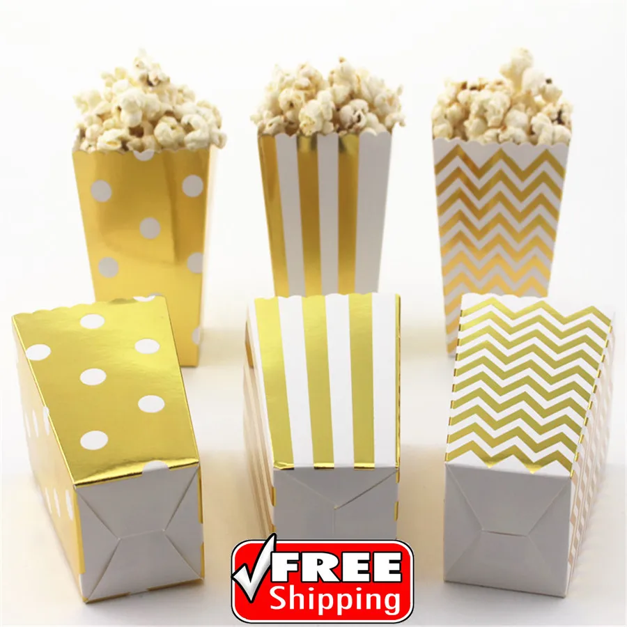 

36pcs Mix 3 Designs Metallic Gold Foil Striped Polka Dot Chevron Paper Popcorn Boxes-Wedding Party Favor Candy Snack Treat Boxes