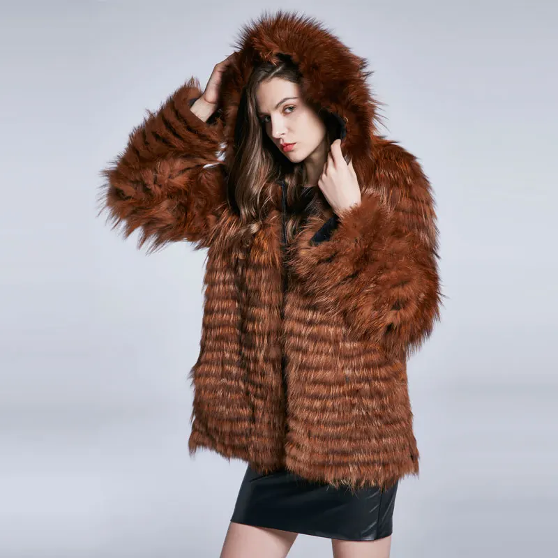 Winter Women's Coat Natural Fur Coat Raccoon Fur Coat Furry Leather