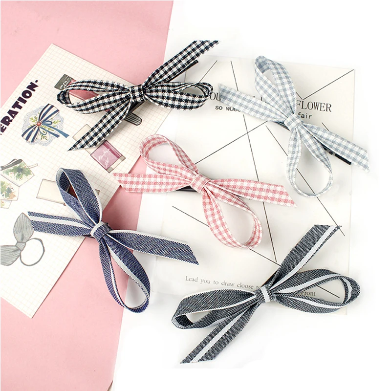 

suef 1pc Japan And South Korea Bow Hairpin Fabric Duckbill Clip Solid Color Lattice Stripe Clip Bangs Clip Hair