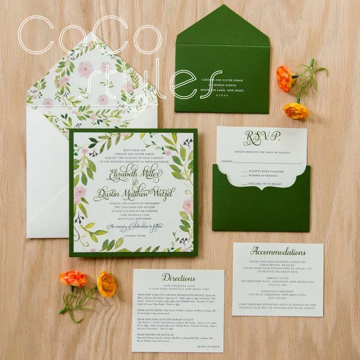 

Cocostyles bespoke garden floral and greenery design invitation card set with colorful printing for lawn wedding invitations