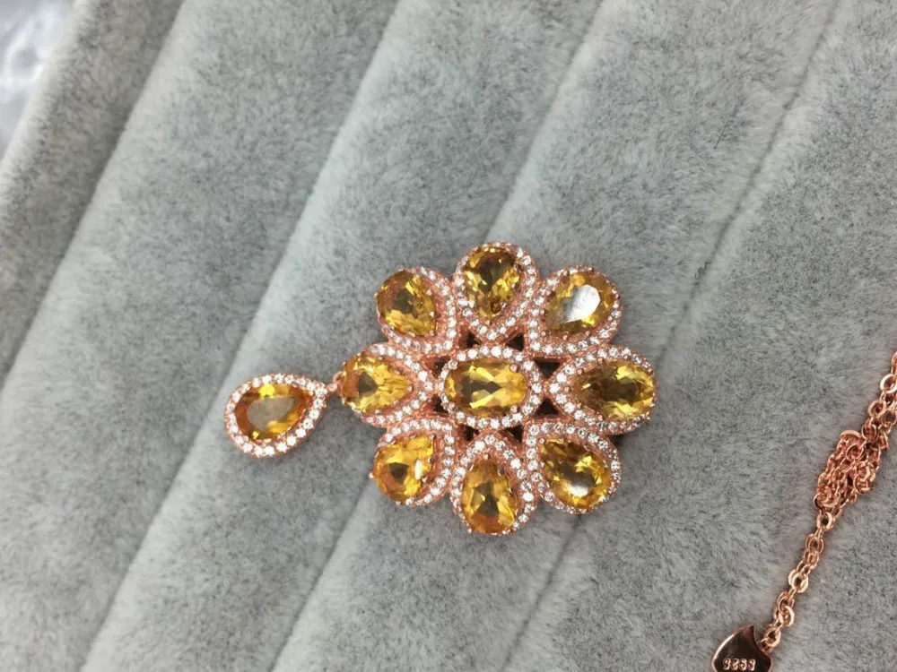 Naturel citrine gem pendentif naturel jaune cristal pendentif collier 925 argent mode luxe rond fle