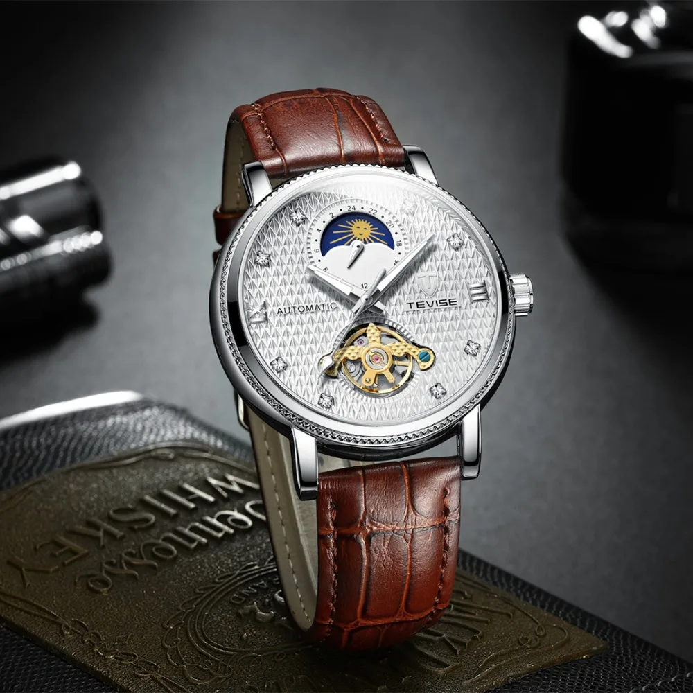 Модные деловые автоматические часы TEVISE механические Moon Phase Tourbillon Montre Homme Automatique