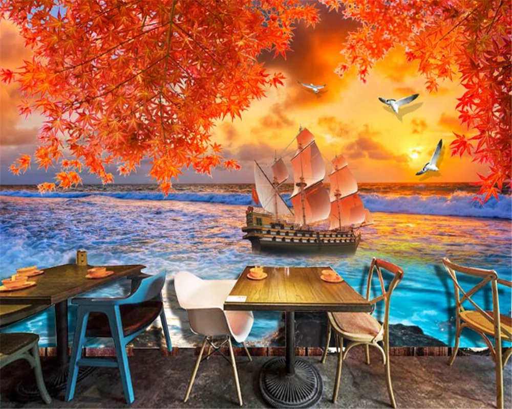 

beibehang Super Personality HD Beautiful Wallpaper Sea Sailing Red Maple TV Bedroom Background Wall wallpaper for walls 3 d