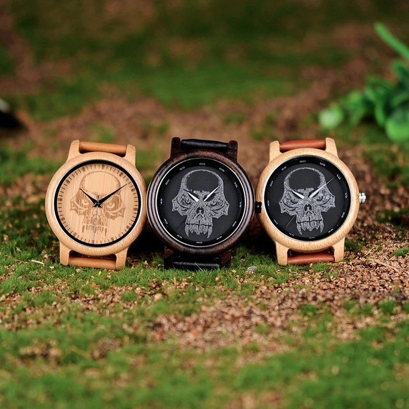 BOBO BIRD WP24 Simple Bamboo Watch for Men Women Cool Skull Design on Glasses Quartz Wristwatch