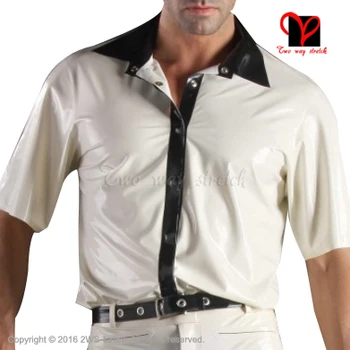 

Sexy White black Latex shirt Rubber coat jacket Gummi blouse catsuit Long sleeve Top Uniform button Tee XXXL plus size SY-037