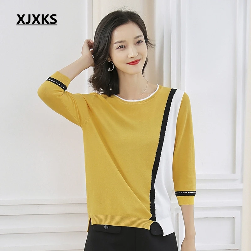 

XJXKS 2019 Summer New Splice Young Women Tee Shirt Femme Modis Thin Round Neck 7/10 Sleeve Tops Young Women Elasticity T-shirts