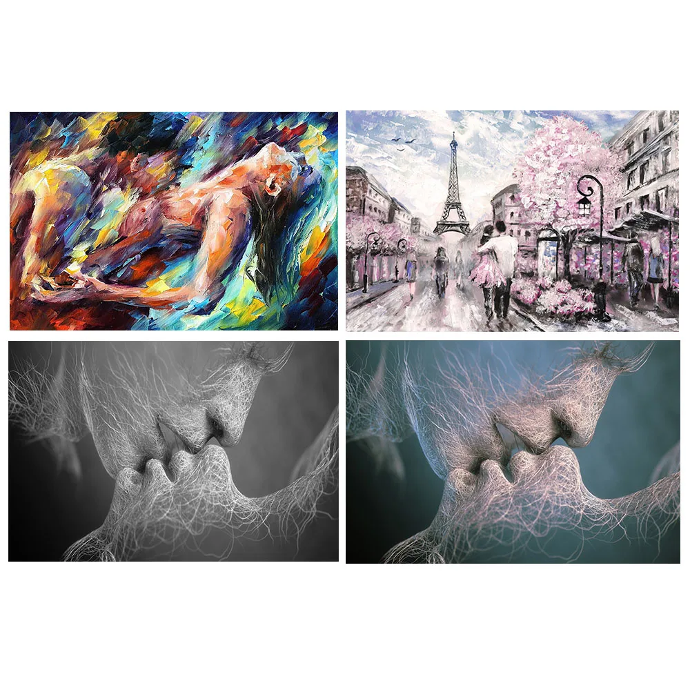 

1Pcs No Frame Couple Kiss Lover Canvas Decorative Wall Art Picture Home Decor Tower Cherry Blossom Oil Paintings