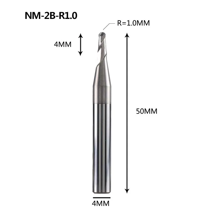 NM-2B Вольфрамовая сталь 2 Флейта с шариковым носиком с покрытием Концевая мельница с ЧПУ Фрезерный резак режущие инструменты для обработки меди и алюминиевого сплава - Длина режущей кромки: NM-2B-R1.0