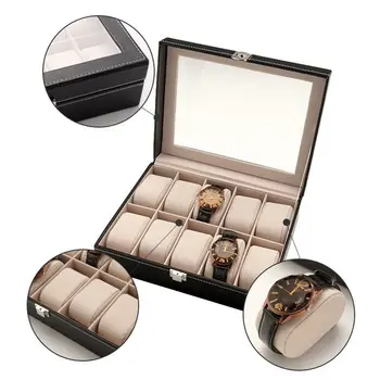 

12 Grids PU Leather Watch Case Storage Organizer Box Luxury Jewelry Display Watch Boxes Black top New Leather Case With lock