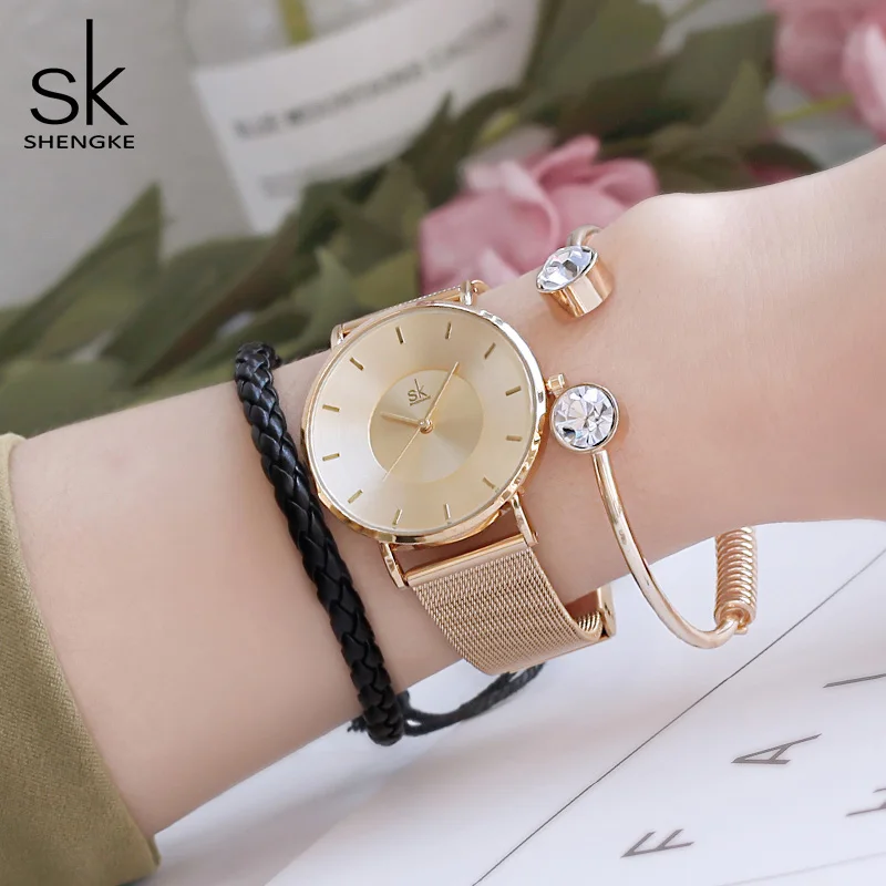 Shengke женские часы лучший бренд Роскошные черные кварцевые часы женские часы-браслет Reloj Mujer подарок на женский день# K0059 - Цвет: Gold bracelet watch
