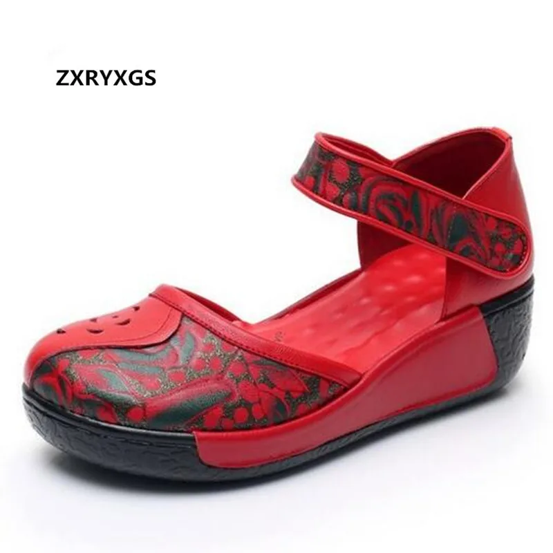 

2019 New Hollow Round Head Mixed Color Women Shoes Summer Fashion Sandals Platform Wedges Genuine Leather Shoes Casual Sandals