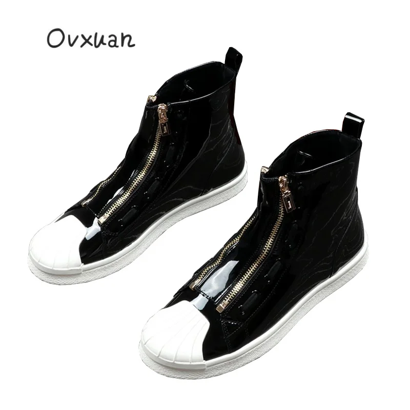 bleu Zip Robe Mode En High Mocassins Métal Cheville Ovxuan argent Appartements Shell Cuir Top De Chaussures Noir Hommes Partie Brevet Bout wHpTz