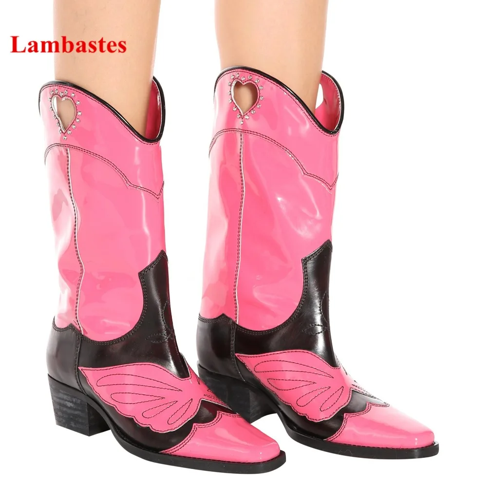 

2018 Winter Butterfly Wings Sewing Women Mid-calf Boots Round Toe Patent Leather Slip On Botas Cuts Out Cowboy Western Bottes