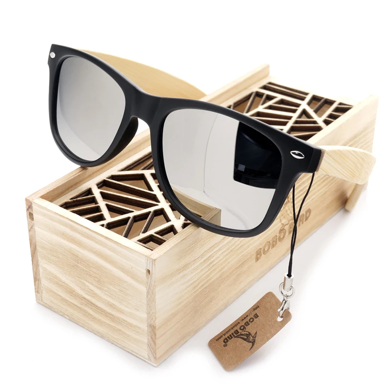BOBO BIRD Mens Summer Style Vintage Black Square Sunglasses With Bamboo Mirrored Polarized Travel Eyewear in Wood Box BS23
