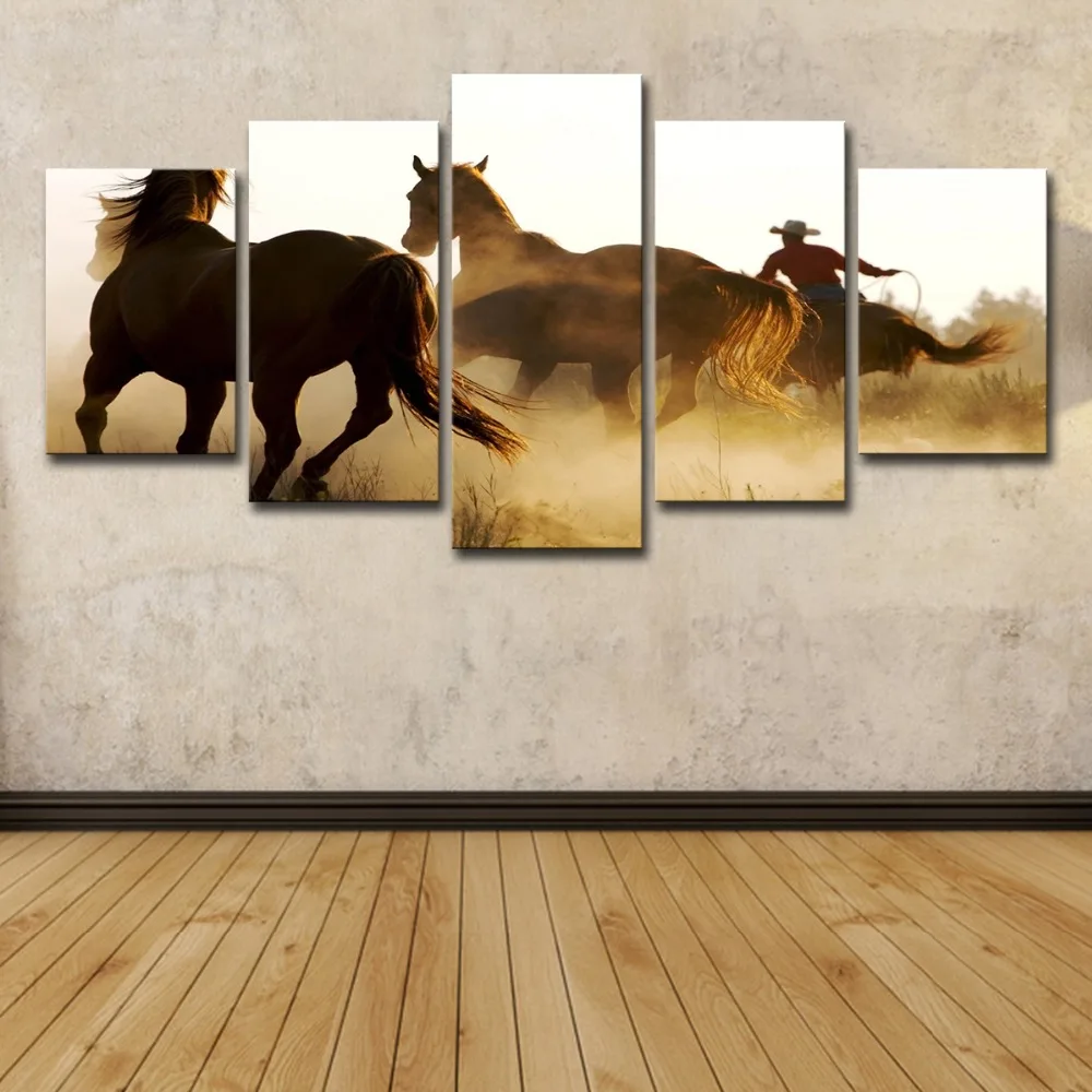 5P2288-HD Printed Cowboys Horses Painting 5 piece Canvas art Print room decor print poster picture canvas Free shipping (3  (2)