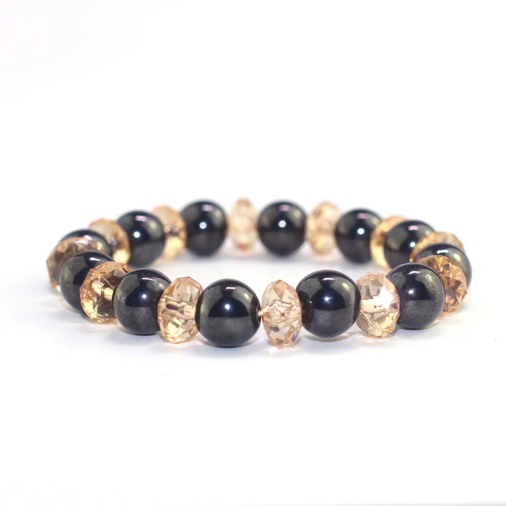 Simple Black Stone Beaded Bracelet 10MM Single Circle Champagne Crystal