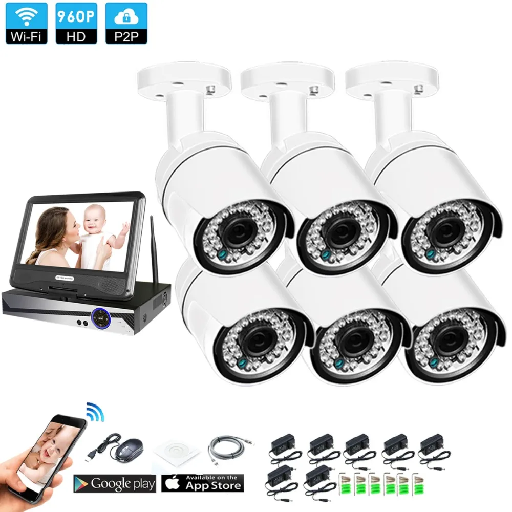 

Wireless Surveillance System Network 10.1" LCD Monitor NVR Recorder Wifi Kit 6CH 960P HD Video Inputs 6PS 1.3MP Security Camera