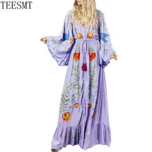 

Floral Embroidered Women Maxi Dress V-Neck Batwing Sleeve Loose Plus Size Summer Dresses Drawstring Waist Boho Beach Vestidos