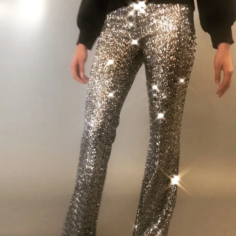 New Bling Bling High Waist Sequin Pants Women Bell Bottom Gothic Solid ...