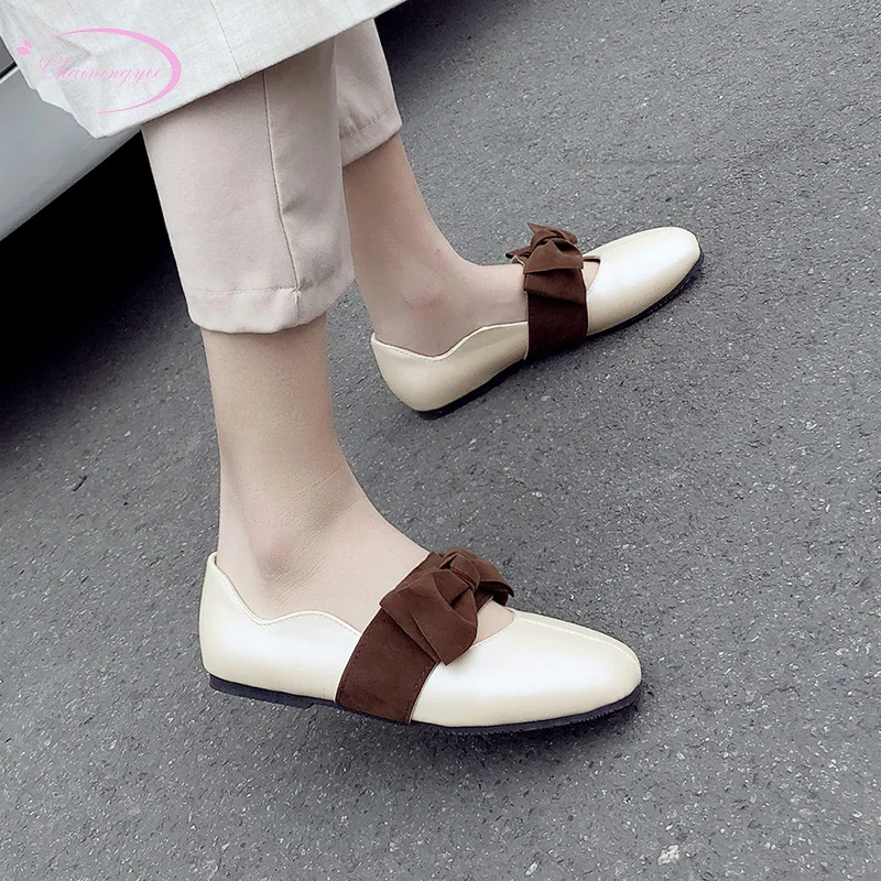 

Korea casual style comfortable round toe flat with shoes fashion color matching bowknot slip-on beige pink black women shoes