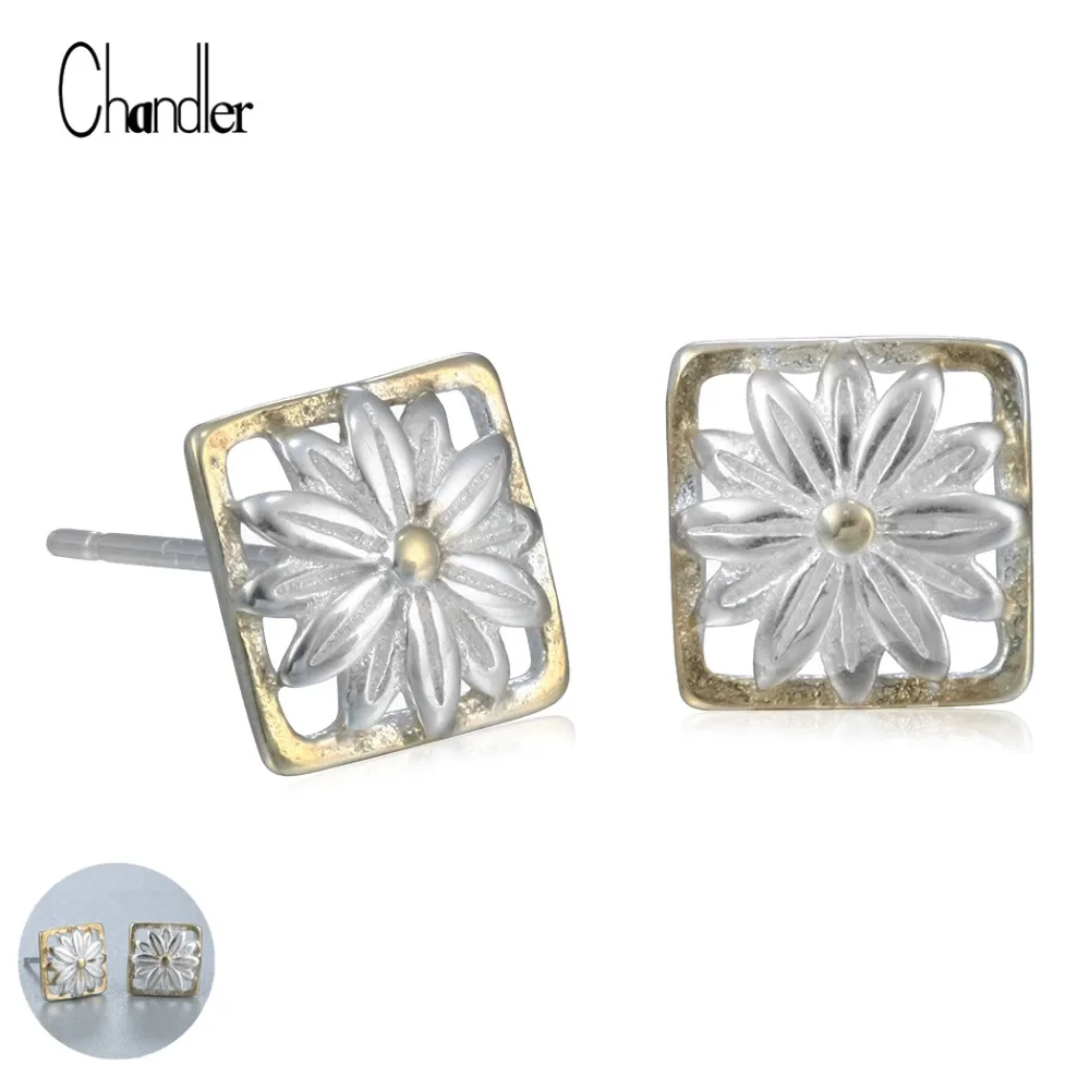 

925 Sterling Silver Golden Daisy Flower Post Stud Earrings Square Cute Small Fashion Bohemian Jewelry For Women Party Gifts
