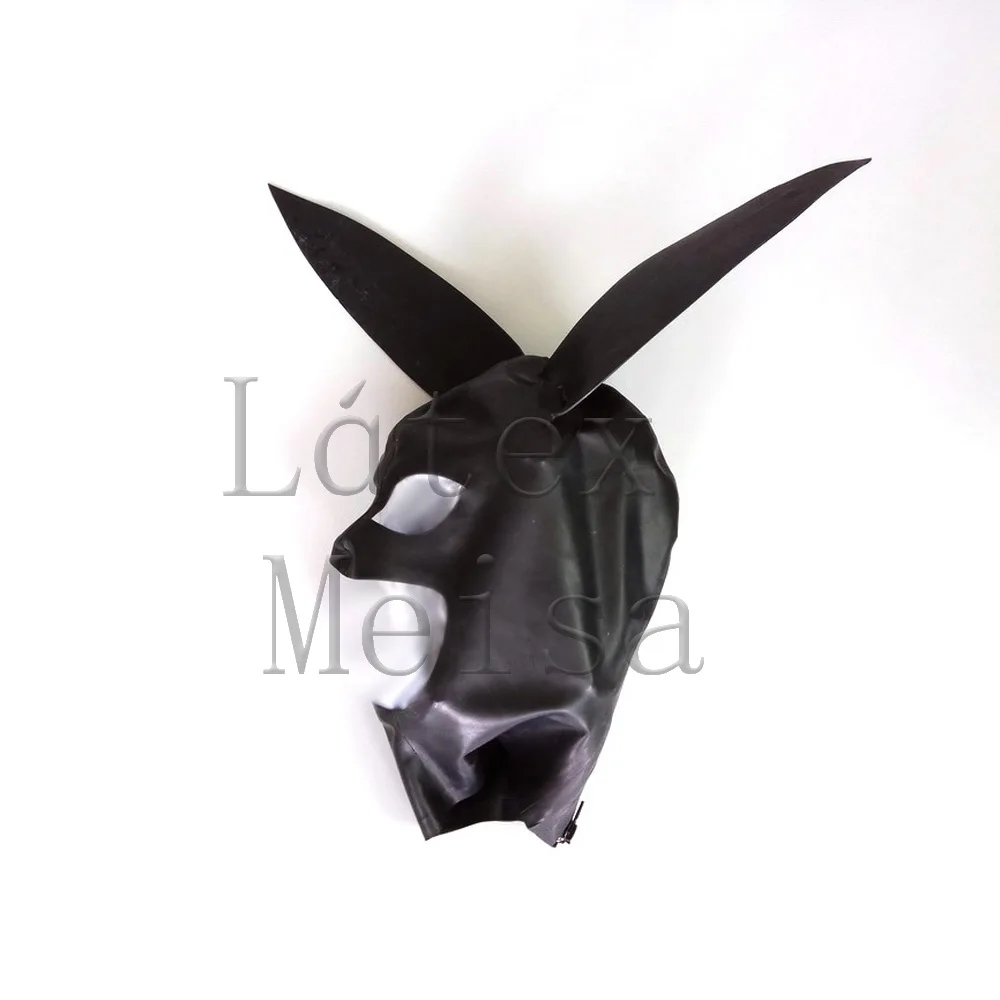 

Animal rabbit design fetish latex hood with open eyes and mouth in solid black color