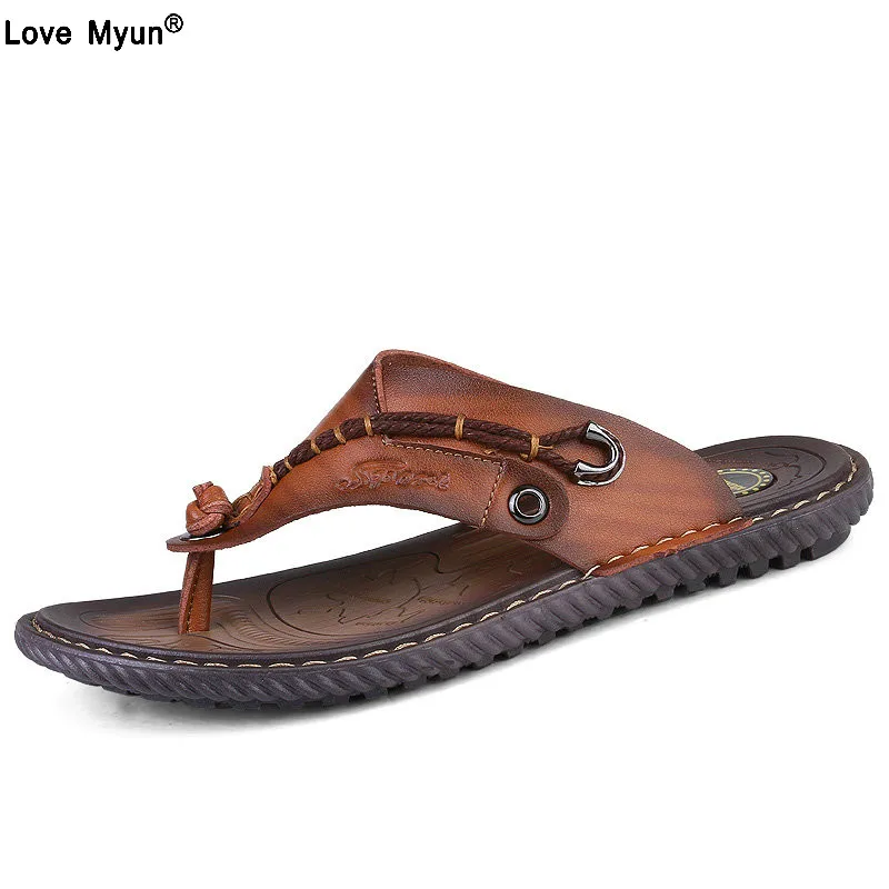 

Brand 2019 New Men's Flip Flops Genuine Leather Slippers Summer Fashion Beach Sandals Shoes For Men Casual shoes