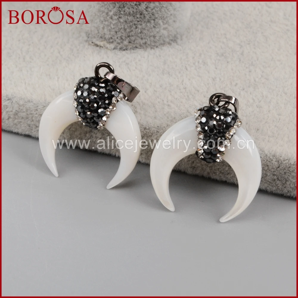 BOROSA Rhinestone Pave Natural White Shell Crescent Shape Pendant Beads High Quality Fashion Jewelry Necklaces Pendants JAB800 | Украшения