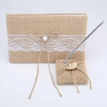 

Wedding Guest Book Vintage Personalized Wedding Guest Book Embellished Burlap Wedding Guest Book and Pen Stand Drop JY