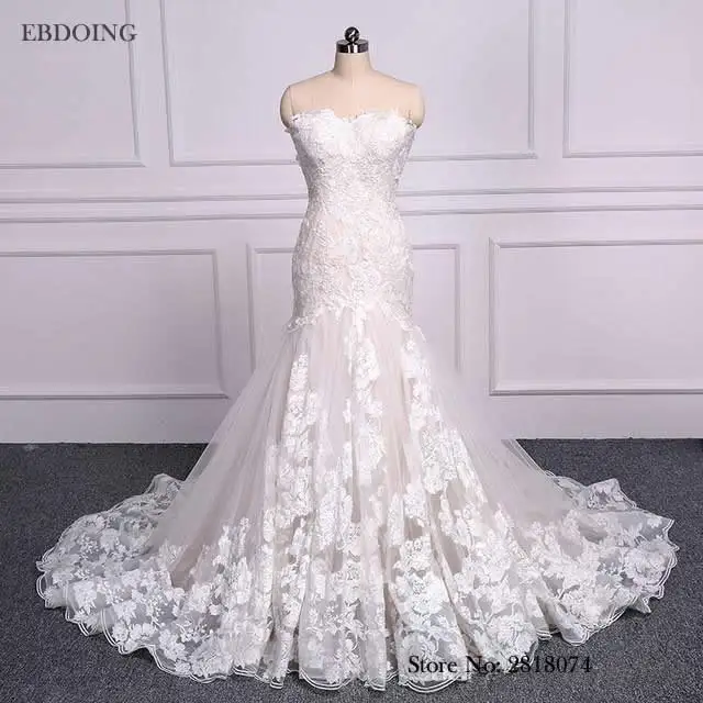 

Real Photos Vestidos De Novia Charming Lace Wedding Dress Mermaid Sweetheart Neckline Strapless Plus Size Bride Gown