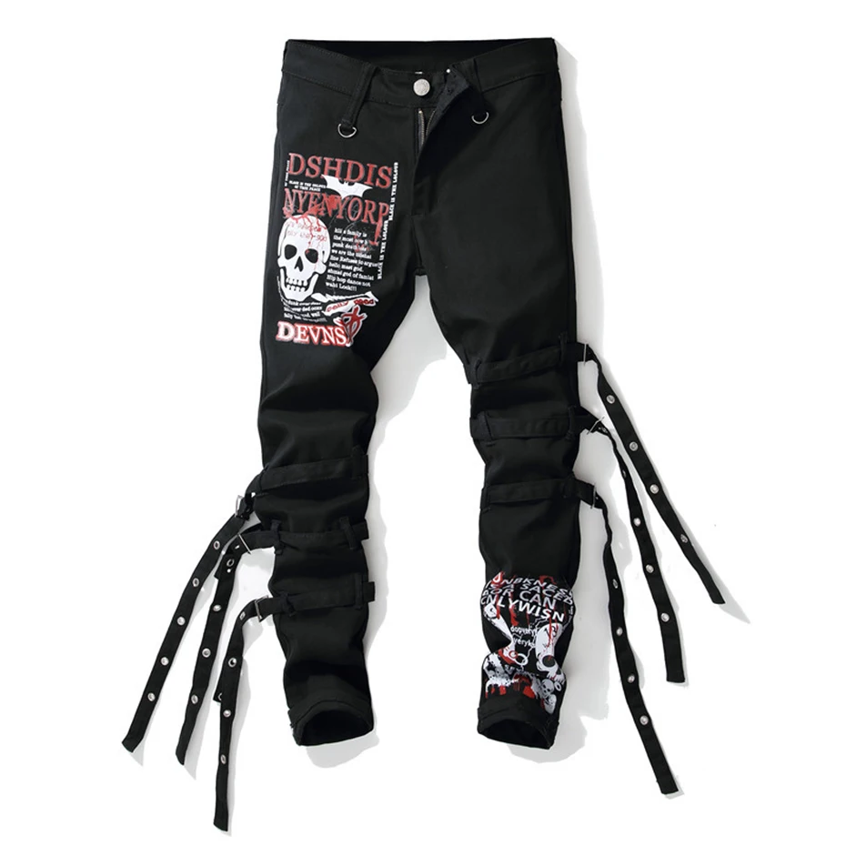 ABOORUN модные джинсы с принтом черепа для мужчин Панк узкие джинсы лентами мужской хип хоп Уличная x1574