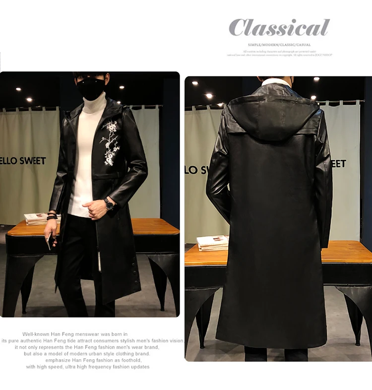 Mens Trench Coats De Couro Longo Preto