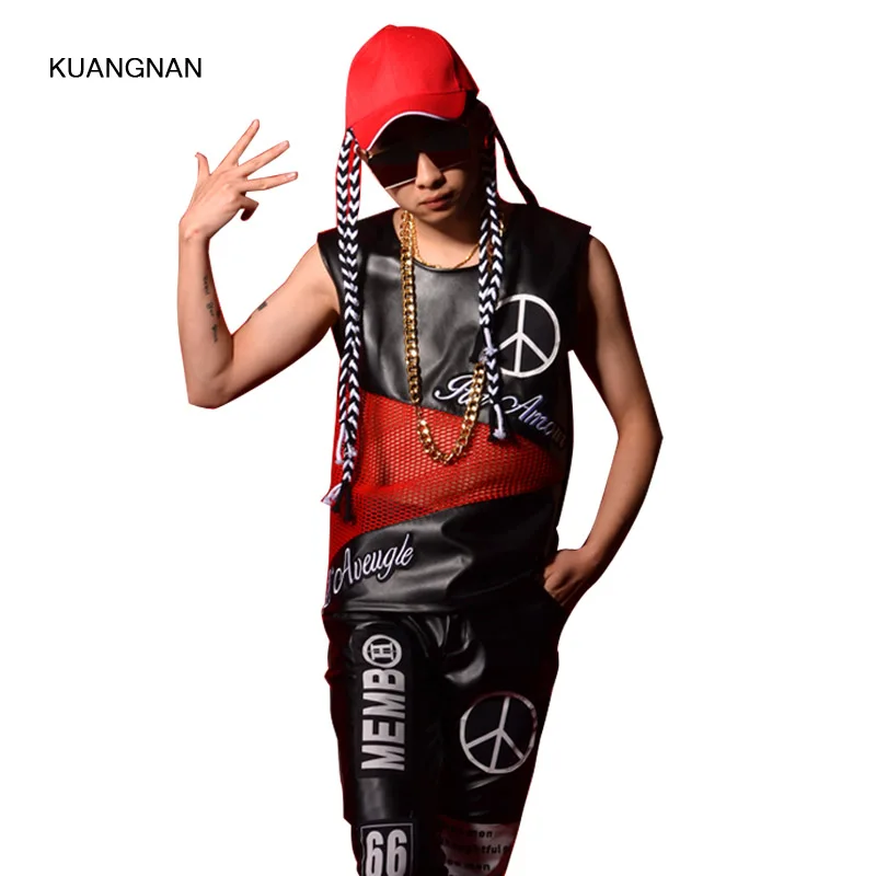 font b Men b font PU Leather Tank Vest Mesh Leather Splice Hip Hop Sleeveless