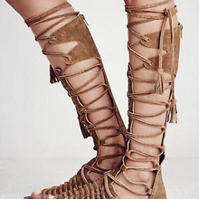 Новые модные женские открытые ремни для педалей; Дизайнерские Сапоги до колена из замши на плоской подошве; высокие сандалии на плоской подошве со шнуровкой; пляжная обувь