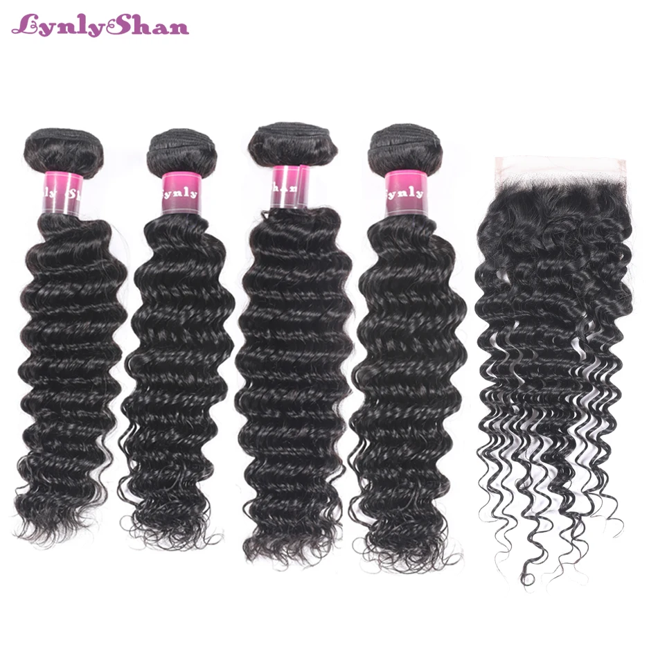 

Lynlyshan Hair Deep Wave Human Hair Bundles With Closure 5 pcs/lot Brazilian Hair Weave Bundles With Closure Remy Hair Extension