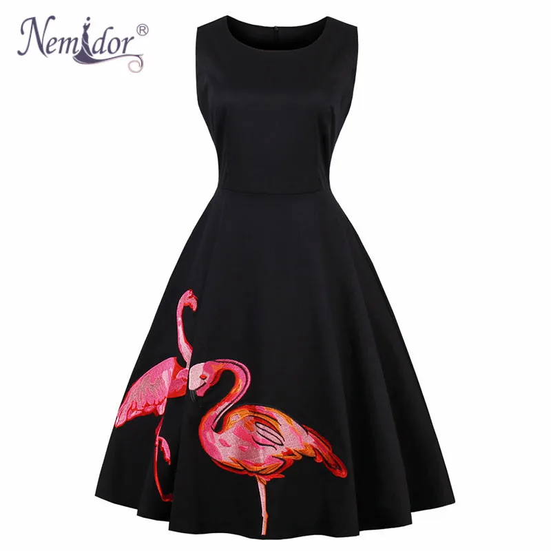 

Nemidor 2019 Hot Sales Women Retro O-neck Cocktail A-line Swing Dress Flamingo Embroidery Midi Party Rockabilly Swing Dress
