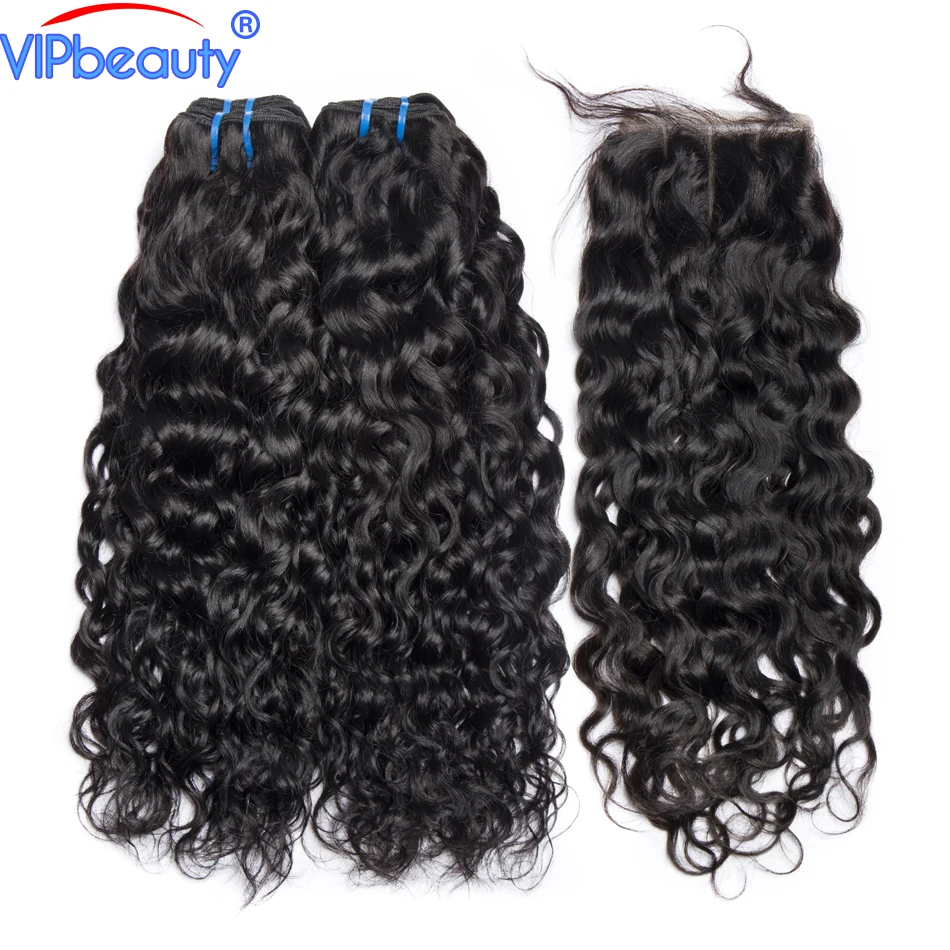 

Vipbeauty Indian water wave weave bundles human hair bundles with lace closure remy hair extensions natural color