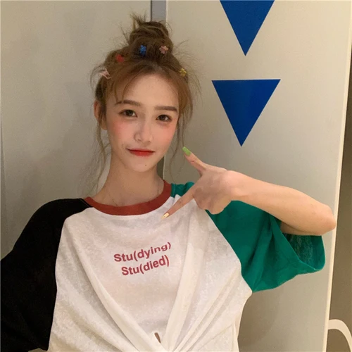 

Thin Batwing Sleeve Patchwork Oversize Loose Letter Printed Casual Loose Female Women 2019 Summer Spring Female T-shirts Tops