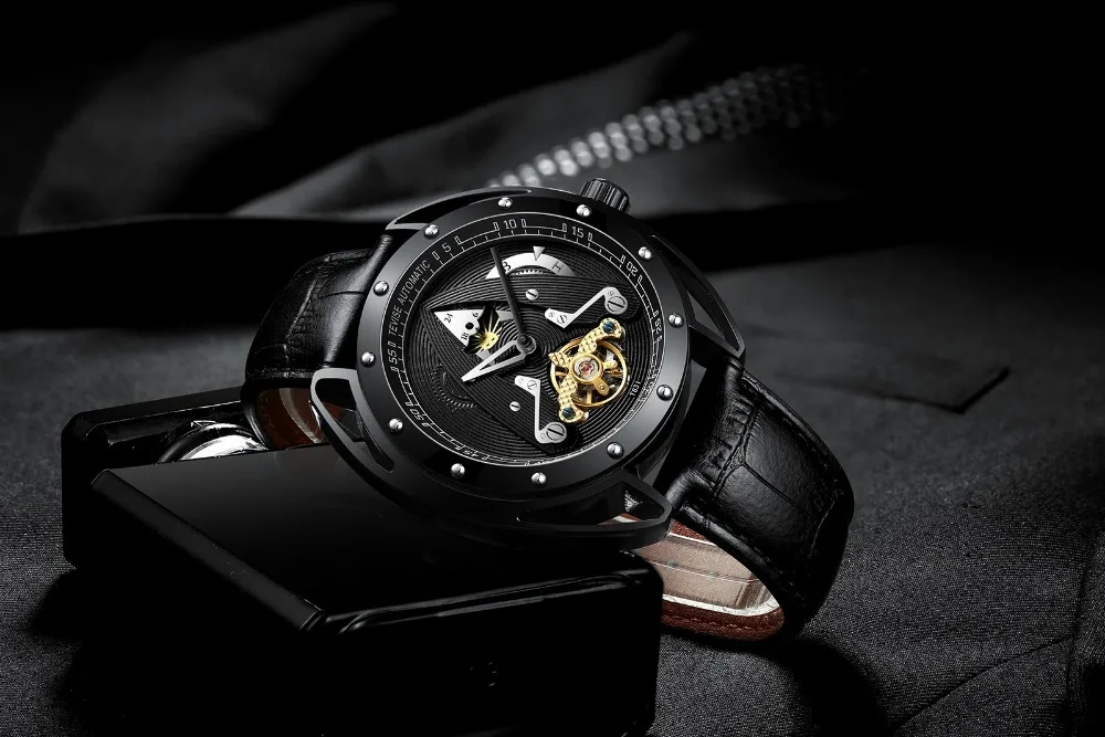 Модные мужские брендовые автоматические механические часы Tevise с кожаным ремешком Tourbillon Moon Phase, спортивные часы Relogio Masculino