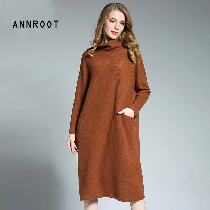 

ANNROOT Casual turtleneck long knitted sweater dress women Loose bodycon dress pullover female Autumn winter dress Plus Size