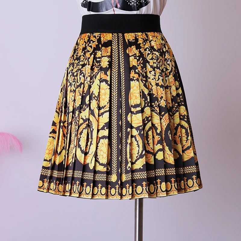 

New European court style print skirt Slim retro high waist A word pleated skirt