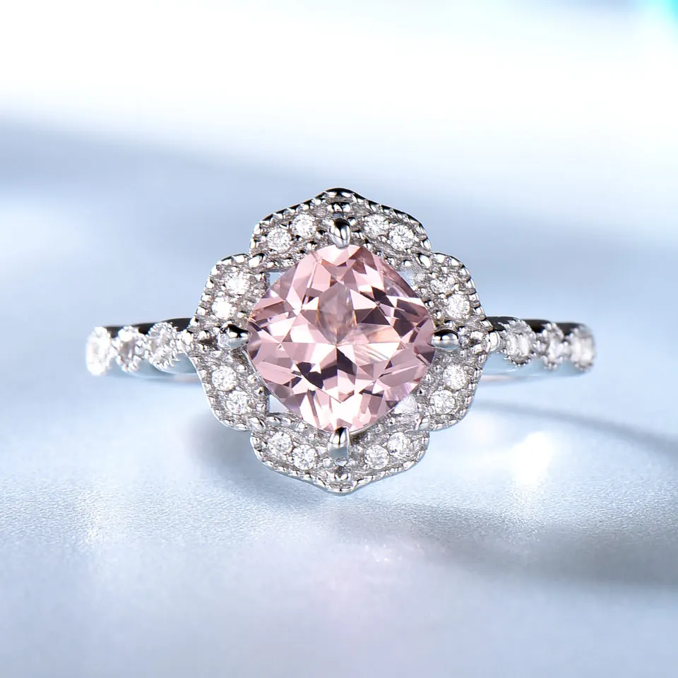 Tanie UMCHO utworzono Nano Morganite pierścionki 925 srebro pierścienie kwiatowe dla kobiet zaręczyny rocznica prezent ślubny Fine Jewelry