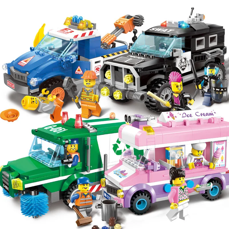 

New Children's Fun 213pcs Legoings City Ice Cream Car Police Maintenance Fire truck ABS Model Building Blocks Kit Toys Kid Gifts