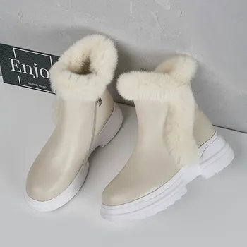 

GPOKHDS 2019 women snow boots cow leather zippers beige color winter warm wool blend round toe high heels boots