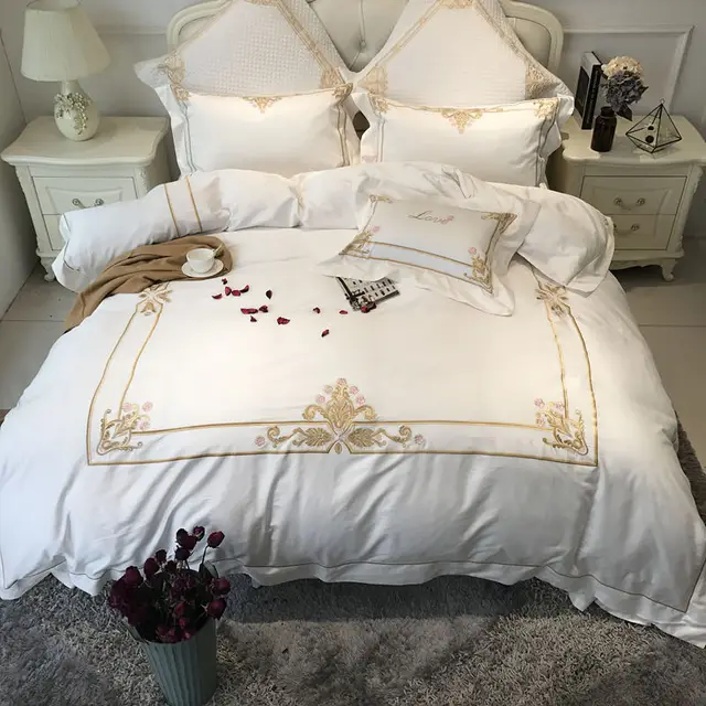 Egyptian Cotton White Color Luxury Hotel Bedding Set Gold Egyptian Cotton White Color Luxury Hotel Bedding Set Gold Embroidered Bed Sheet Duvet Cover King