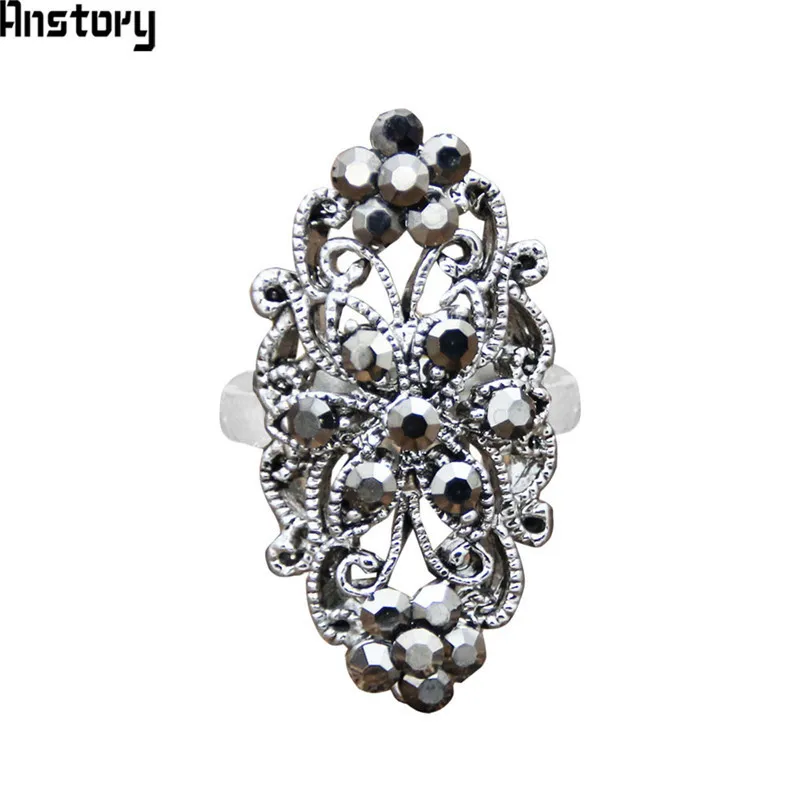 Vintage Plum Flower Rhinestone Rings For Women Antique Silver Plated Party Butterfly Rings Fashion Jewelry TR659