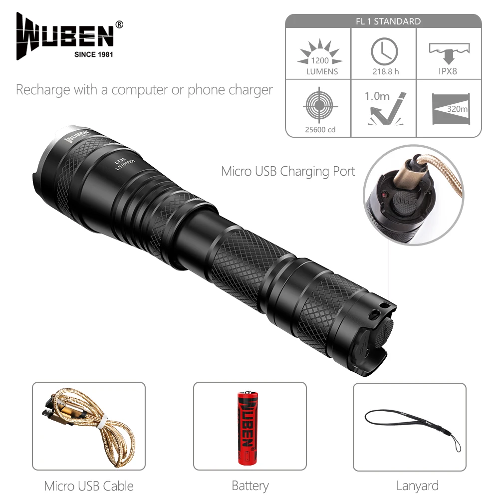 WUBEN Powerful LED Flashlight Cree XPL2 1200 Lumens Rechargeable USB Led Torch 5 Modes Indicator Light